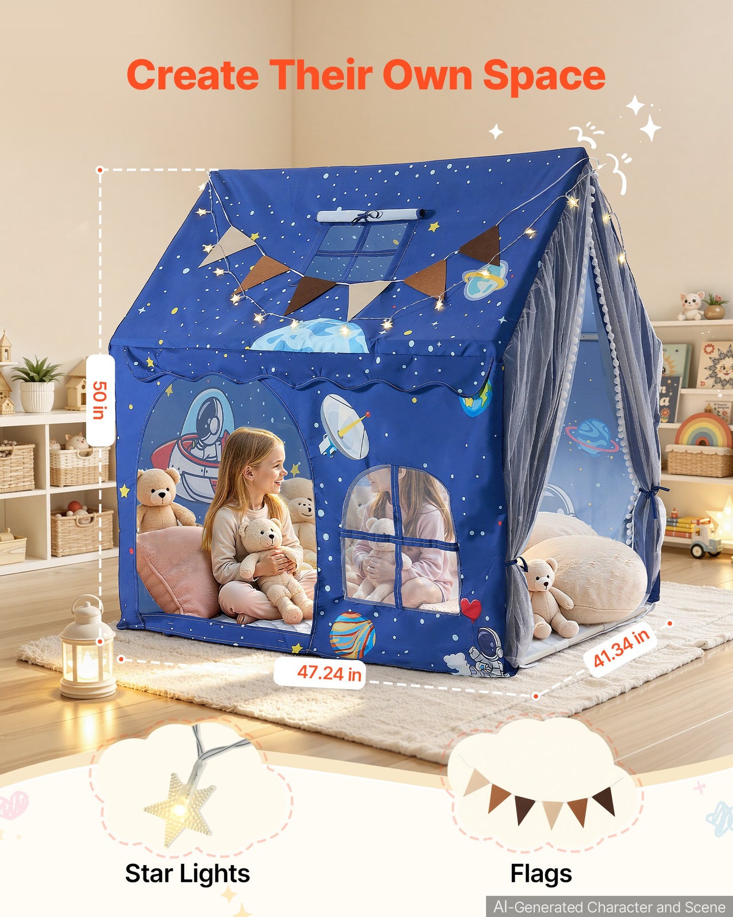 Kids Play Tent PVC Frame Playhouse for Kids with Padded Mat Blue, for Toddlers Girls Boys, Indoor & Outdoor, Reading Nook Nap Bed Tent, with Stars Lights, Carry Bag, Flag, Breathable Window