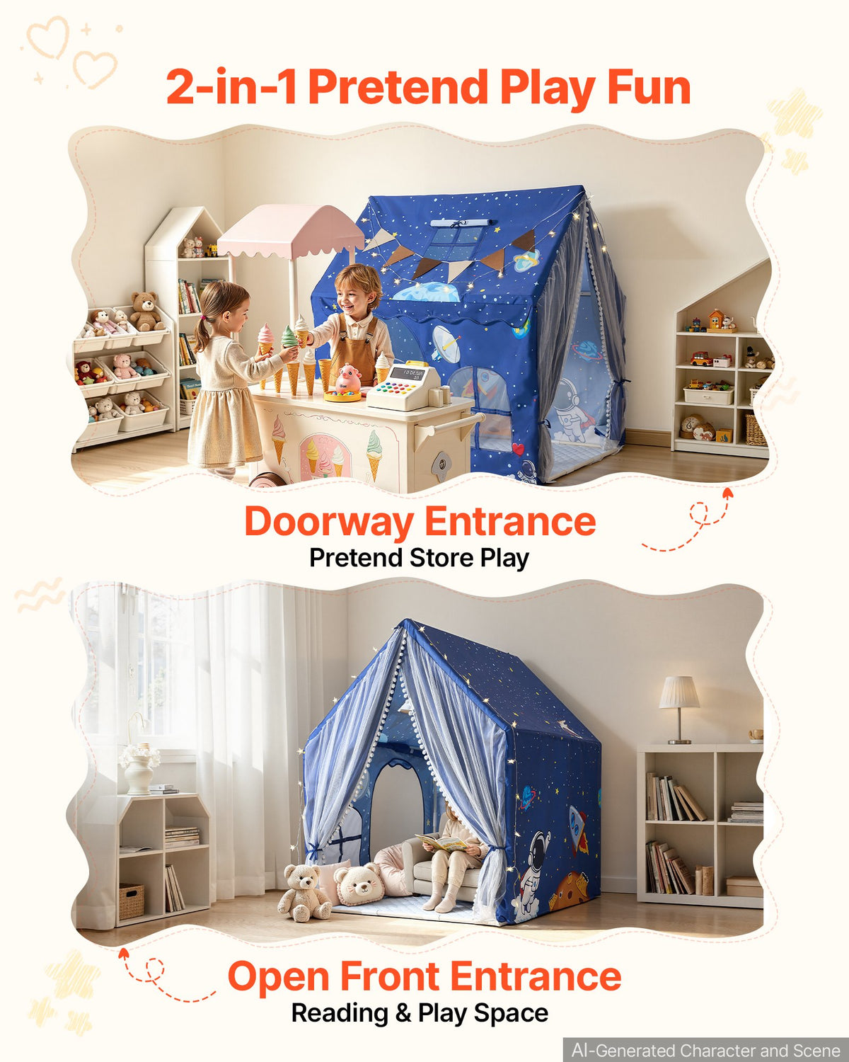 Kids Play Tent PVC Frame Playhouse for Kids with Padded Mat Blue, for Toddlers Girls Boys, Indoor & Outdoor, Reading Nook Nap Bed Tent, with Stars Lights, Carry Bag, Flag, Breathable Window