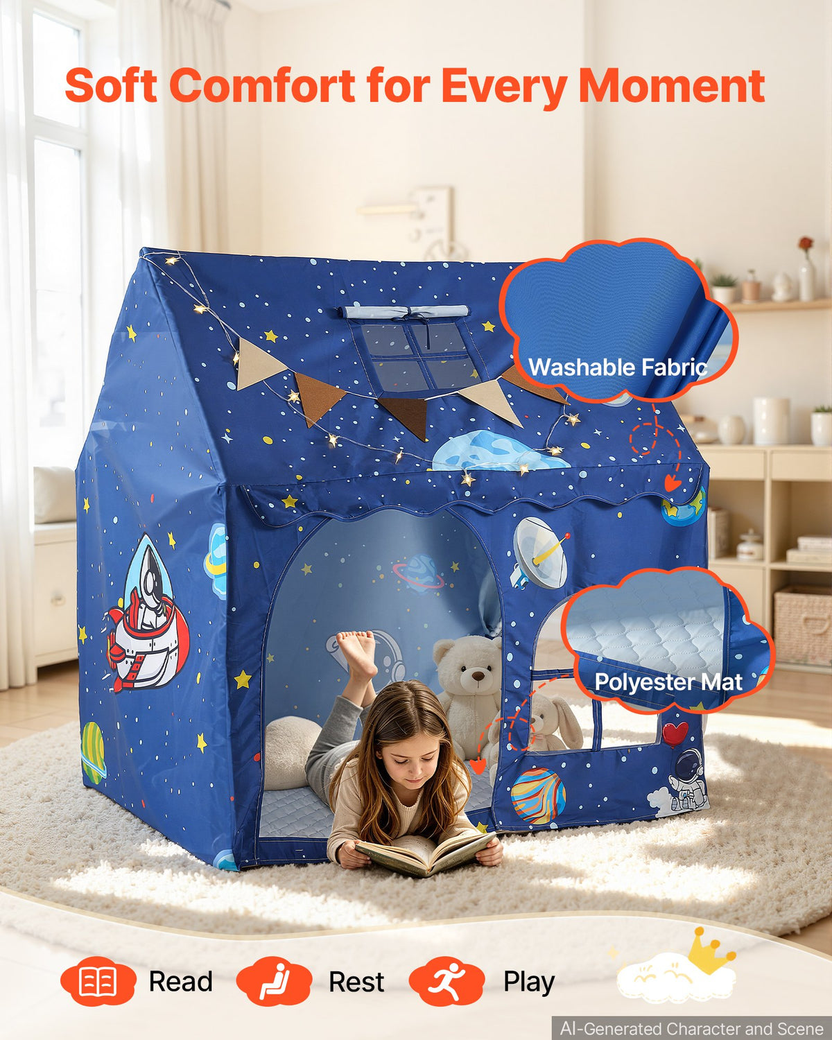 Kids Play Tent PVC Frame Playhouse for Kids with Padded Mat Blue, for Toddlers Girls Boys, Indoor & Outdoor, Reading Nook Nap Bed Tent, with Stars Lights, Carry Bag, Flag, Breathable Window