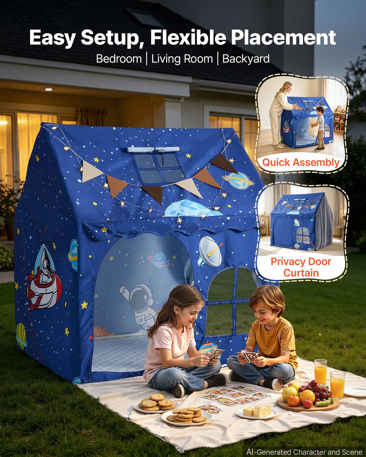 Kids Play Tent PVC Frame Playhouse for Kids with Padded Mat Blue, for Toddlers Girls Boys, Indoor & Outdoor, Reading Nook Nap Bed Tent, with Stars Lights, Carry Bag, Flag, Breathable Window