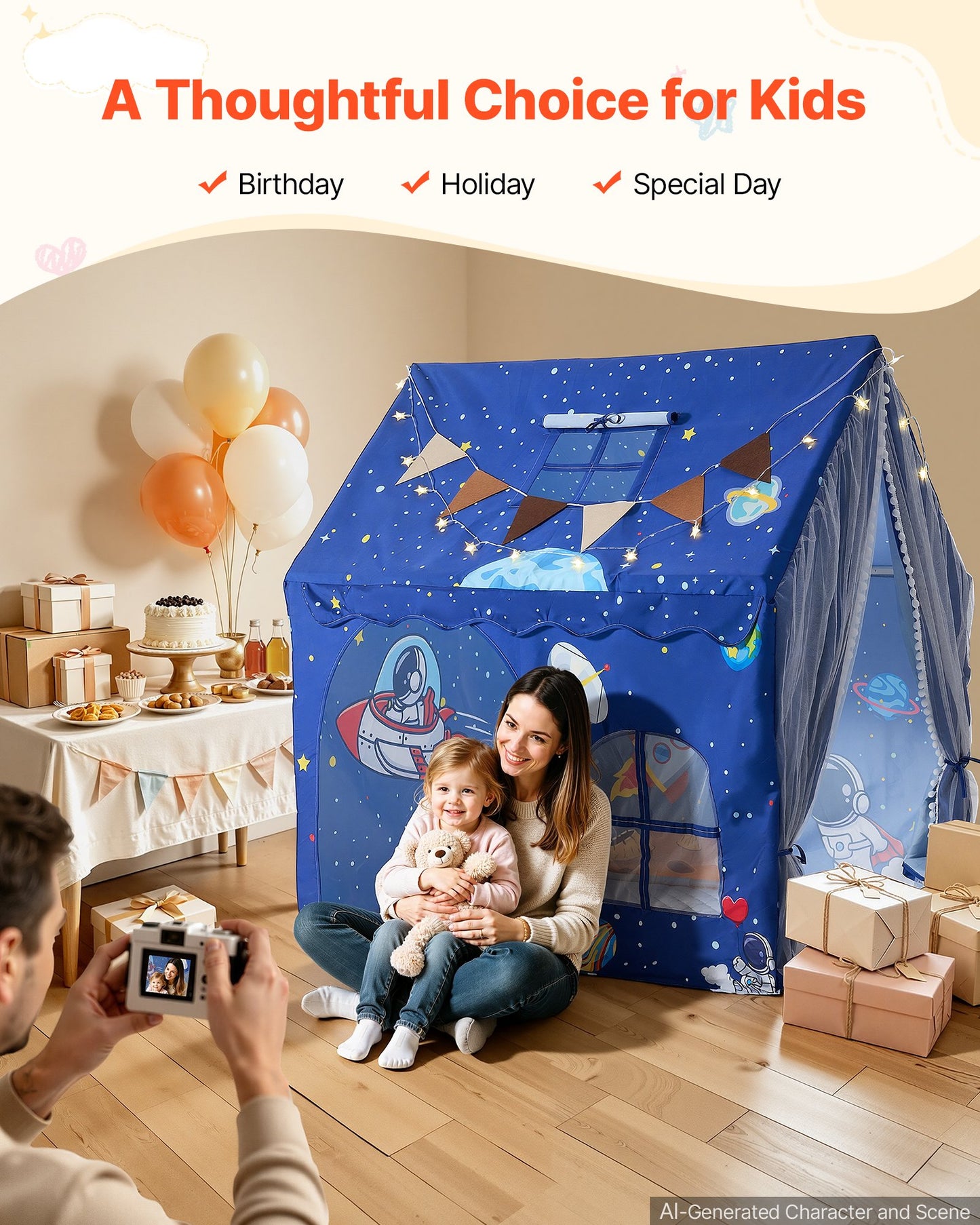 Kids Play Tent PVC Frame Playhouse for Kids with Padded Mat Blue, for Toddlers Girls Boys, Indoor & Outdoor, Reading Nook Nap Bed Tent, with Stars Lights, Carry Bag, Flag, Breathable Window