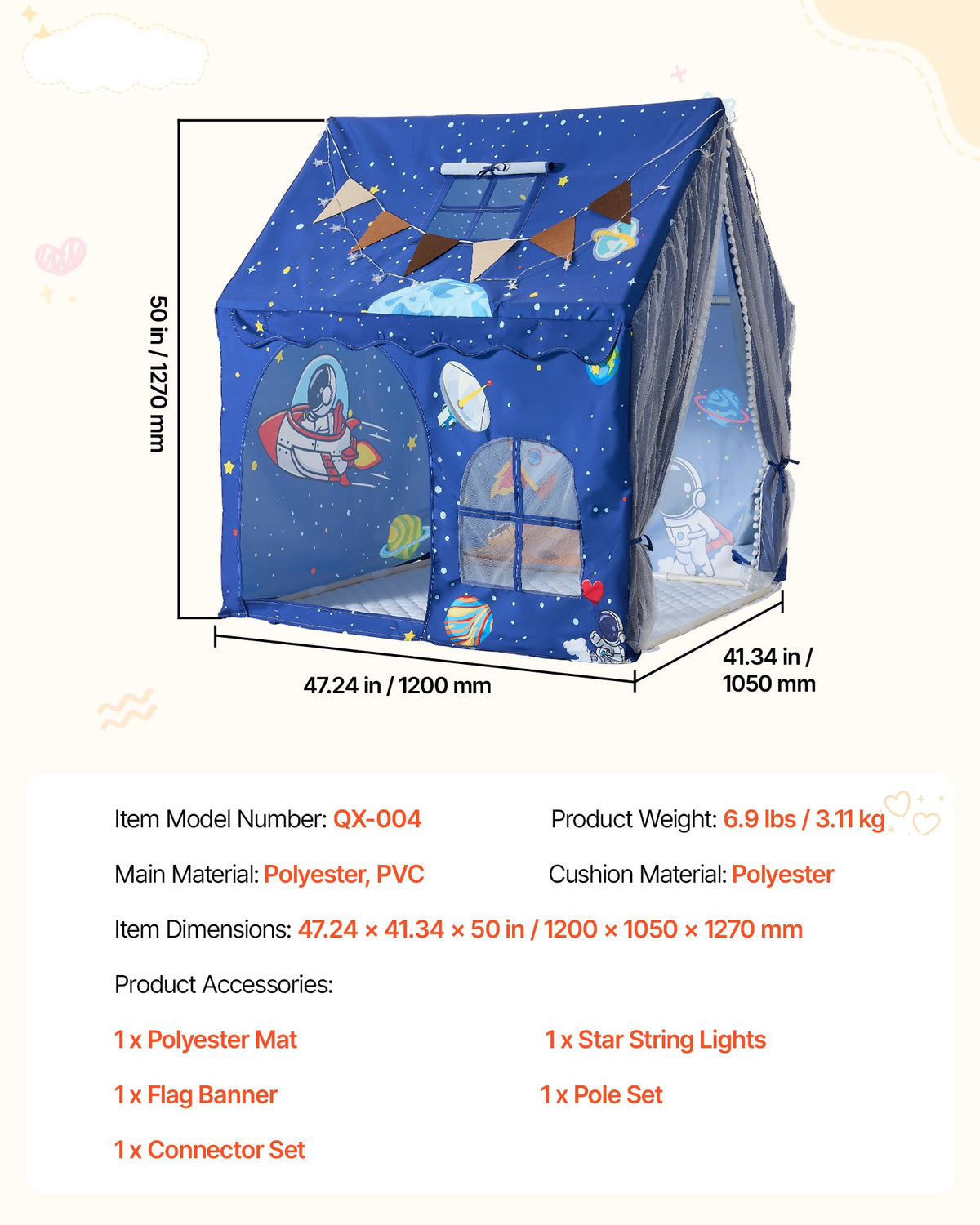 Kids Play Tent PVC Frame Playhouse for Kids with Padded Mat Blue, for Toddlers Girls Boys, Indoor & Outdoor, Reading Nook Nap Bed Tent, with Stars Lights, Carry Bag, Flag, Breathable Window