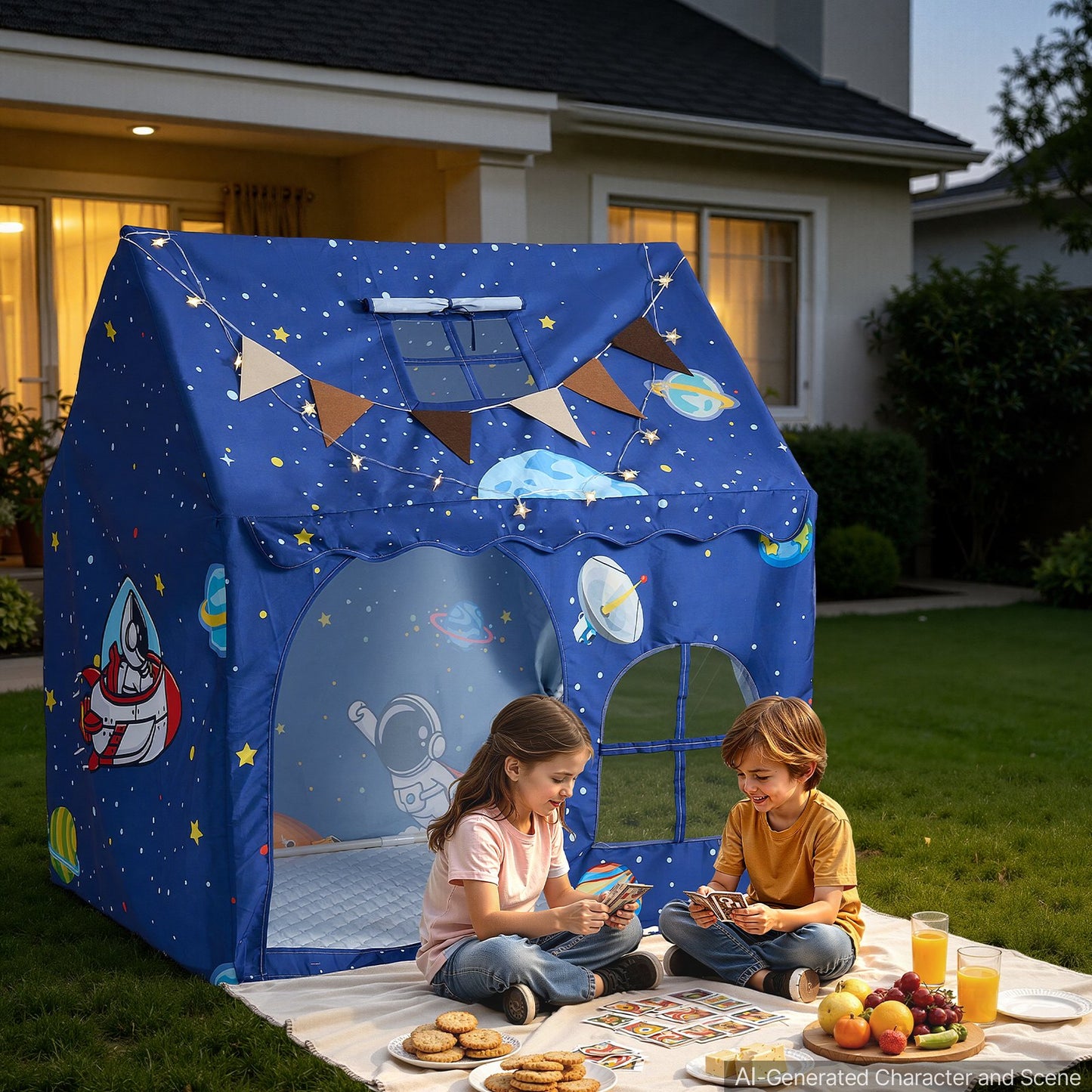 Kids Play Tent PVC Frame Playhouse for Kids with Padded Mat Blue, for Toddlers Girls Boys, Indoor & Outdoor, Reading Nook Nap Bed Tent, with Stars Lights, Carry Bag, Flag, Breathable Window
