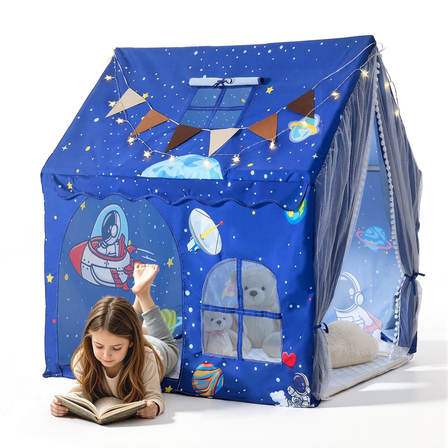 Kids Play Tent PVC Frame Playhouse for Kids with Padded Mat Blue, for Toddlers Girls Boys, Indoor & Outdoor, Reading Nook Nap Bed Tent, with Stars Lights, Carry Bag, Flag, Breathable Window