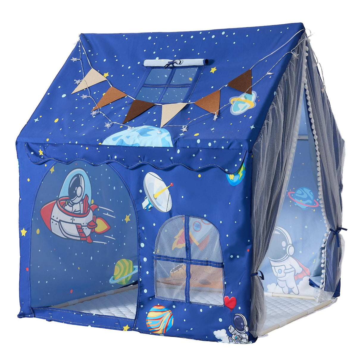 Kids Play Tent PVC Frame Playhouse for Kids with Padded Mat Blue, for Toddlers Girls Boys, Indoor & Outdoor, Reading Nook Nap Bed Tent, with Stars Lights, Carry Bag, Flag, Breathable Window