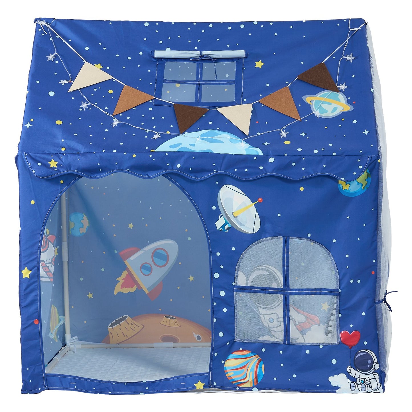 Kids Play Tent PVC Frame Playhouse for Kids with Padded Mat Blue, for Toddlers Girls Boys, Indoor & Outdoor, Reading Nook Nap Bed Tent, with Stars Lights, Carry Bag, Flag, Breathable Window