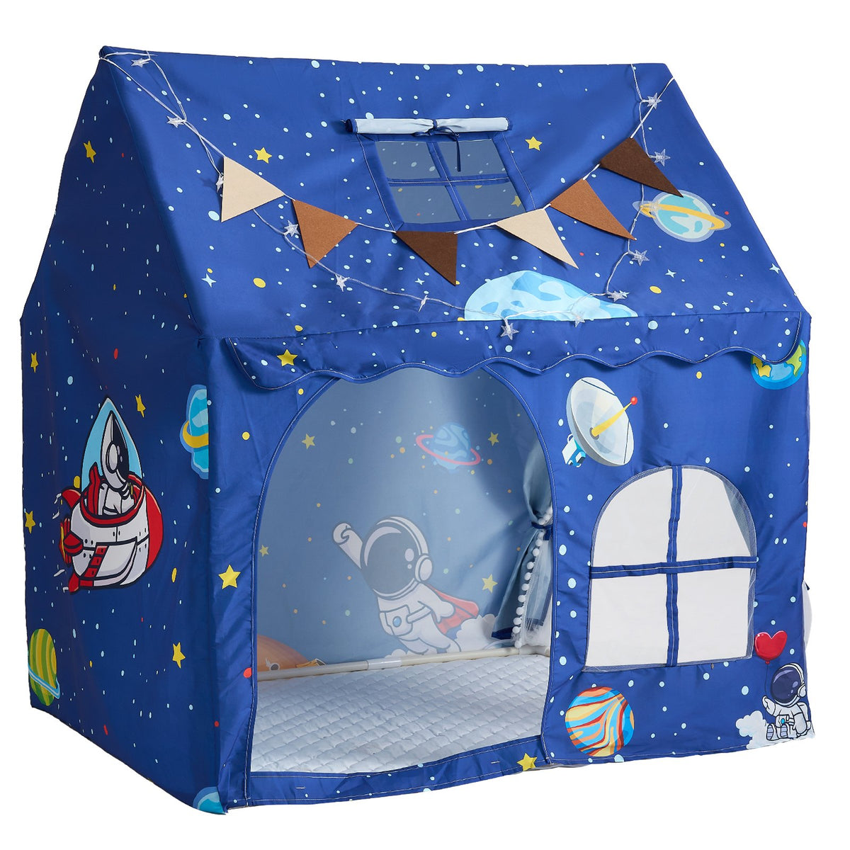 Kids Play Tent PVC Frame Playhouse for Kids with Padded Mat Blue, for Toddlers Girls Boys, Indoor & Outdoor, Reading Nook Nap Bed Tent, with Stars Lights, Carry Bag, Flag, Breathable Window