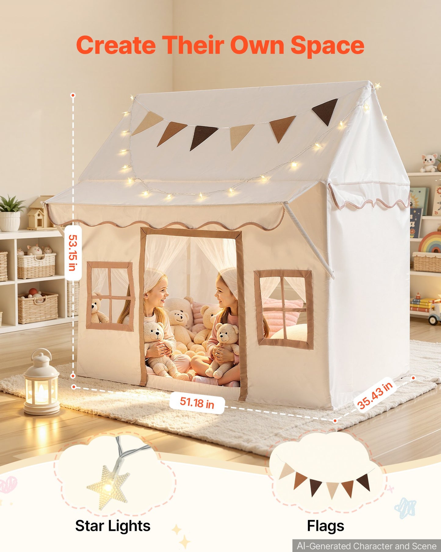 Kids Play Tent with Eave 2 in 1 Toddler Tent with Padded Mat Beige, for Girls Boys Play, Indoor & Outdoor Large Playhouse, with Stars Lights, Carry Bag, Flag, 2 Doors & 2 Breathable Windows