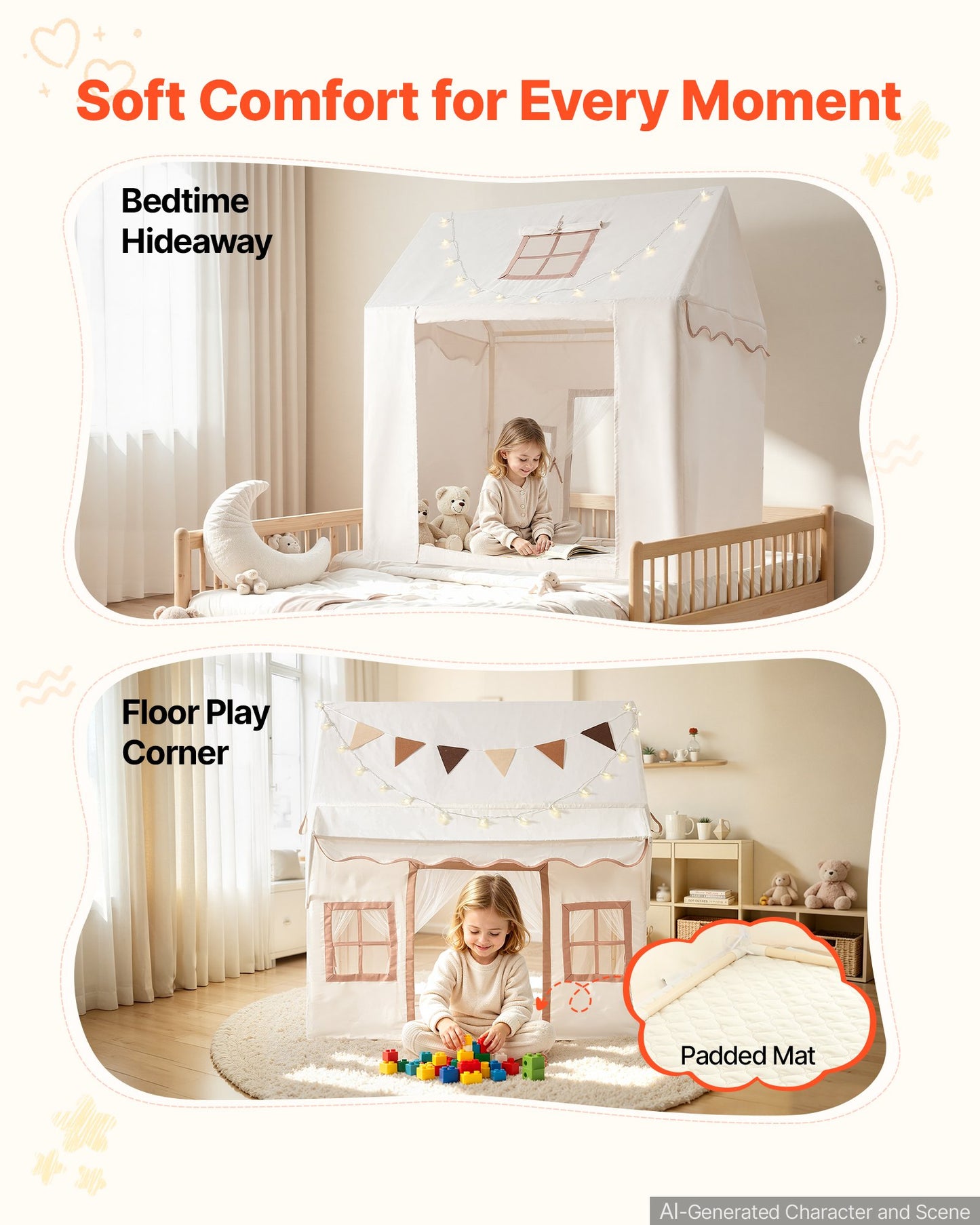 Kids Play Tent with Eave 2 in 1 Toddler Tent with Padded Mat Beige, for Girls Boys Play, Indoor & Outdoor Large Playhouse, with Stars Lights, Carry Bag, Flag, 2 Doors & 2 Breathable Windows