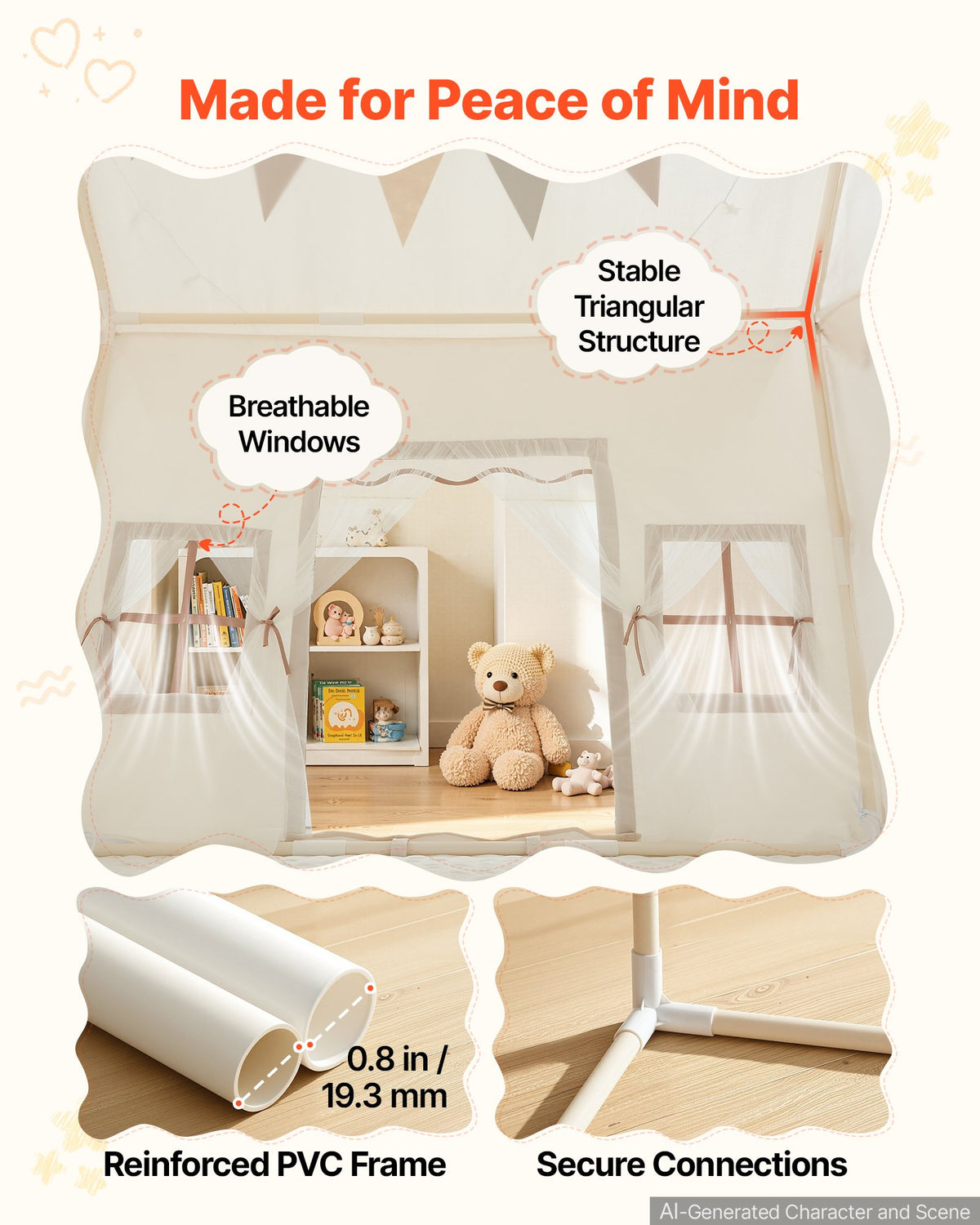 Kids Play Tent with Eave 2 in 1 Toddler Tent with Padded Mat Beige, for Girls Boys Play, Indoor & Outdoor Large Playhouse, with Stars Lights, Carry Bag, Flag, 2 Doors & 2 Breathable Windows