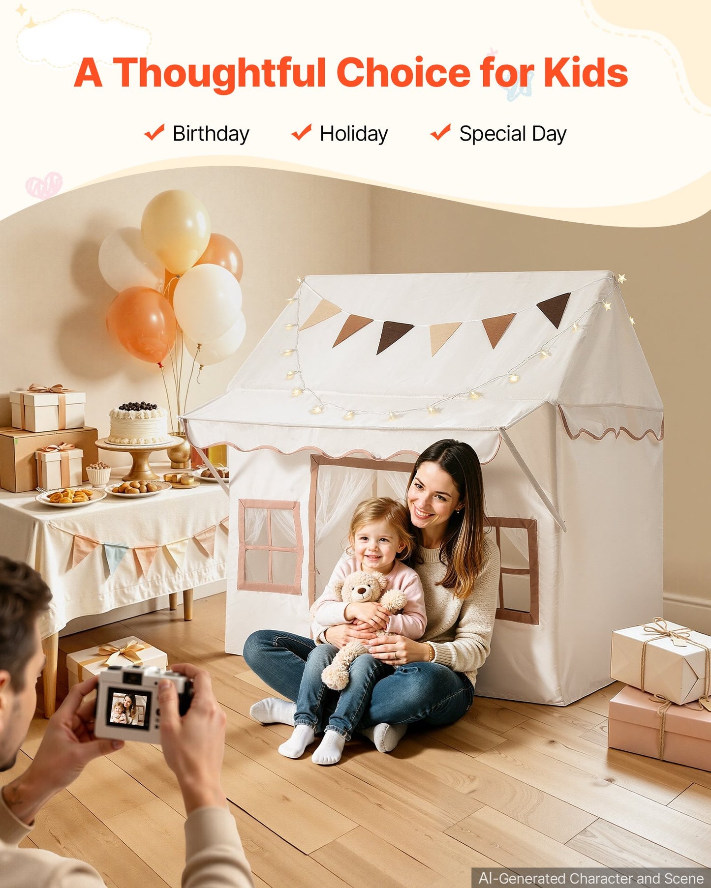 Kids Play Tent with Eave 2 in 1 Toddler Tent with Padded Mat Beige, for Girls Boys Play, Indoor & Outdoor Large Playhouse, with Stars Lights, Carry Bag, Flag, 2 Doors & 2 Breathable Windows
