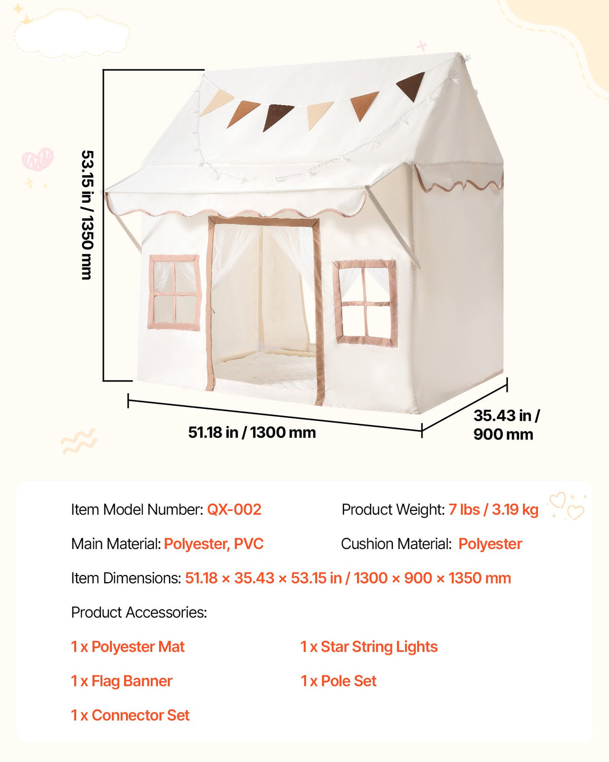 Kids Play Tent with Eave 2 in 1 Toddler Tent with Padded Mat Beige, for Girls Boys Play, Indoor & Outdoor Large Playhouse, with Stars Lights, Carry Bag, Flag, 2 Doors & 2 Breathable Windows