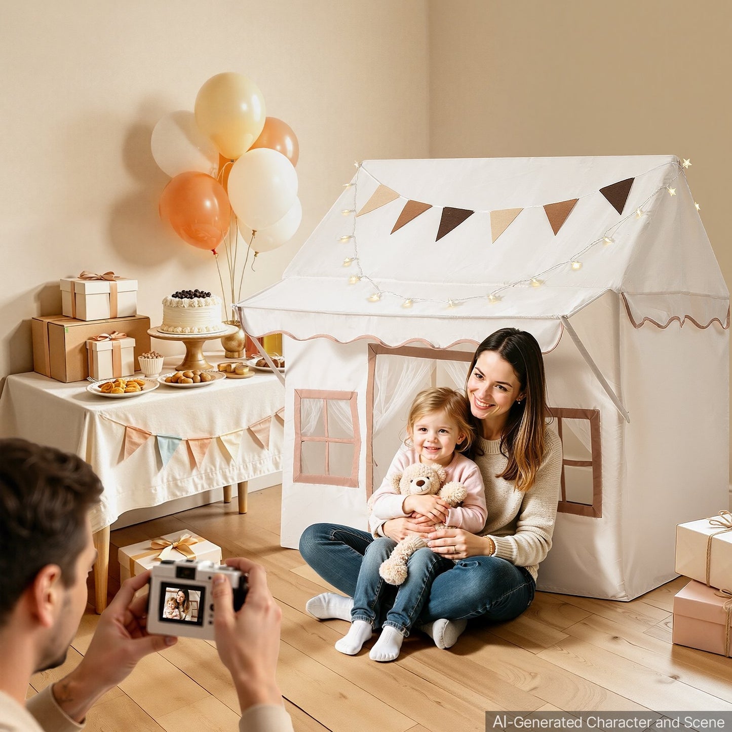 Kids Play Tent with Eave 2 in 1 Toddler Tent with Padded Mat Beige, for Girls Boys Play, Indoor & Outdoor Large Playhouse, with Stars Lights, Carry Bag, Flag, 2 Doors & 2 Breathable Windows