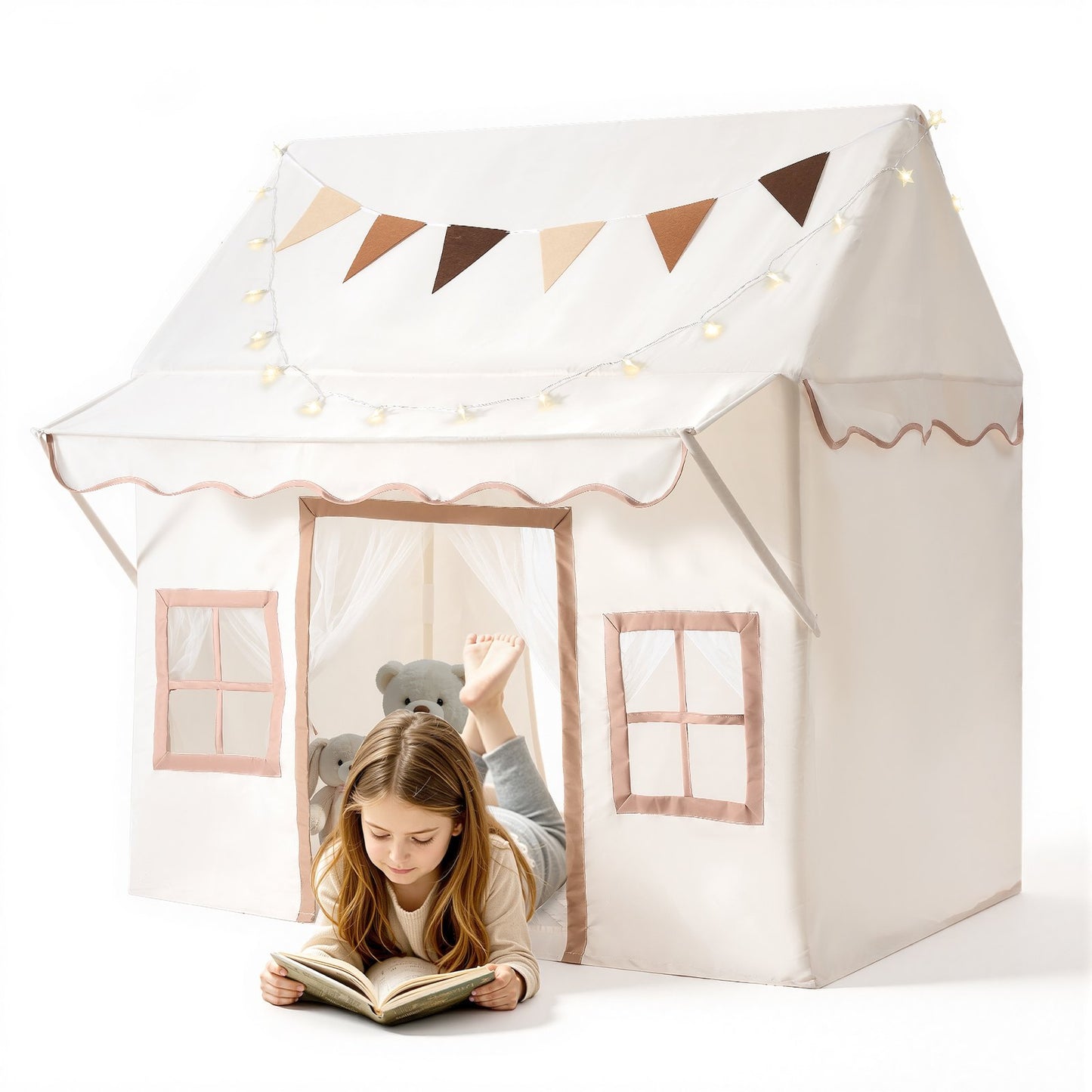 Kids Play Tent with Eave 2 in 1 Toddler Tent with Padded Mat Beige, for Girls Boys Play, Indoor & Outdoor Large Playhouse, with Stars Lights, Carry Bag, Flag, 2 Doors & 2 Breathable Windows