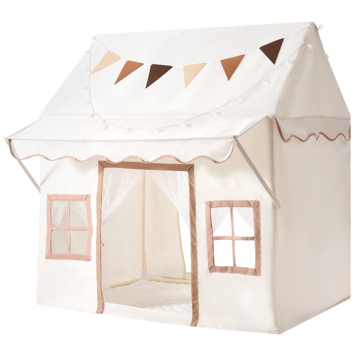 Kids Play Tent with Eave 2 in 1 Toddler Tent with Padded Mat Beige, for Girls Boys Play, Indoor & Outdoor Large Playhouse, with Stars Lights, Carry Bag, Flag, 2 Doors & 2 Breathable Windows