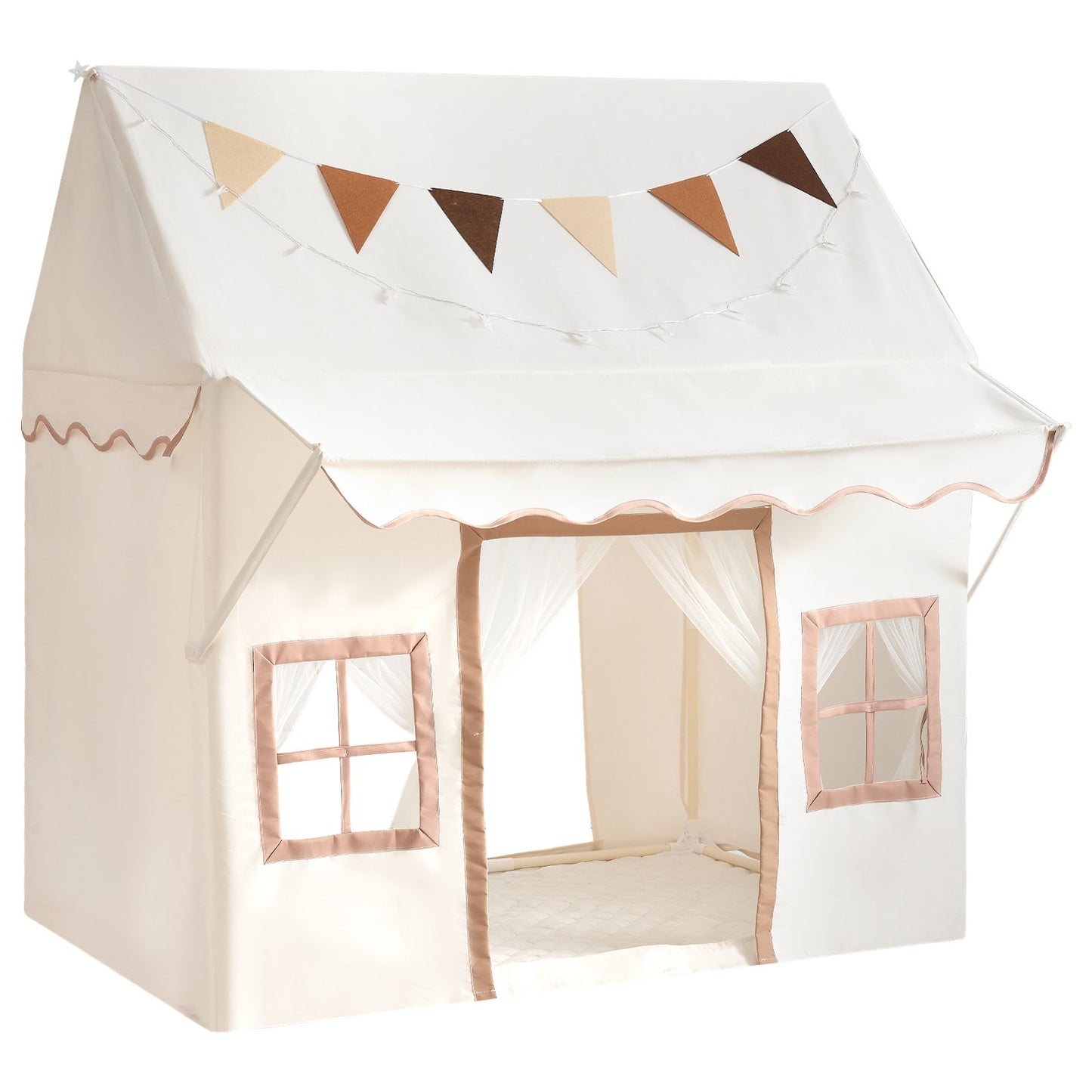 Kids Play Tent with Eave 2 in 1 Toddler Tent with Padded Mat Beige, for Girls Boys Play, Indoor & Outdoor Large Playhouse, with Stars Lights, Carry Bag, Flag, 2 Doors & 2 Breathable Windows