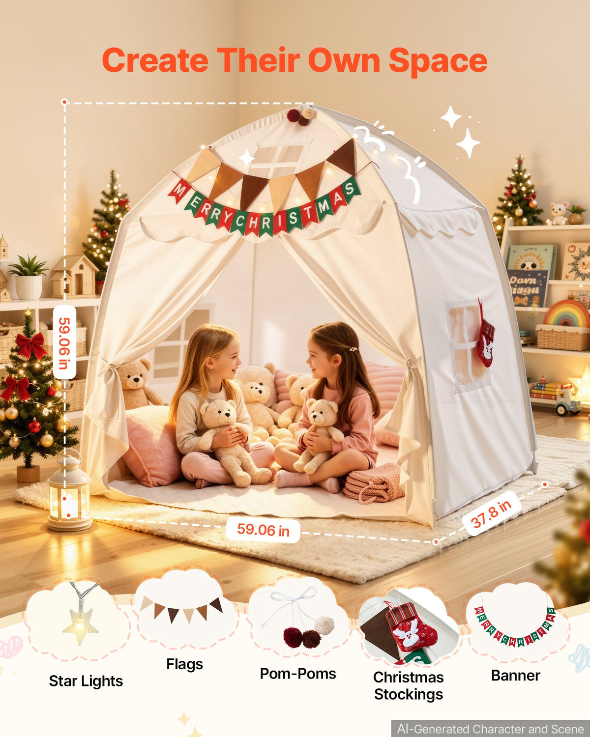 Kids Play Tent Fiberglass Frame Playhouse for Kids Padded Mat Beige, for Toddlers Girls Boys, Indoor & Outdoor, Reading Nook Nap Bed Tent, with Stars Lights, Carry Bag, Flag, Breathable Window