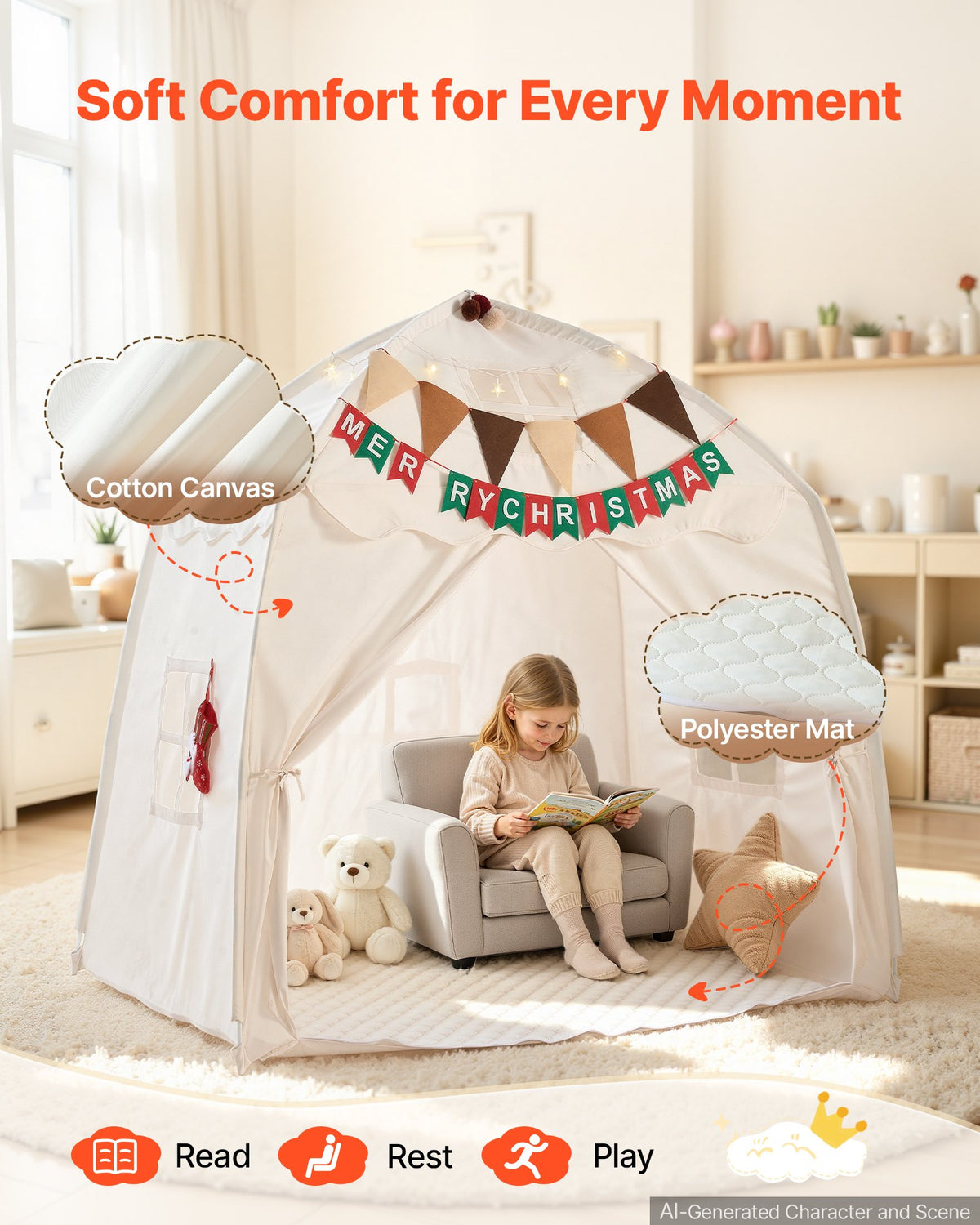 Kids Play Tent Fiberglass Frame Playhouse for Kids Padded Mat Beige, for Toddlers Girls Boys, Indoor & Outdoor, Reading Nook Nap Bed Tent, with Stars Lights, Carry Bag, Flag, Breathable Window