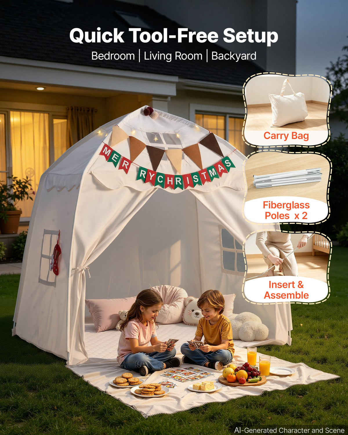 Kids Play Tent Fiberglass Frame Playhouse for Kids Padded Mat Beige, for Toddlers Girls Boys, Indoor & Outdoor, Reading Nook Nap Bed Tent, with Stars Lights, Carry Bag, Flag, Breathable Window