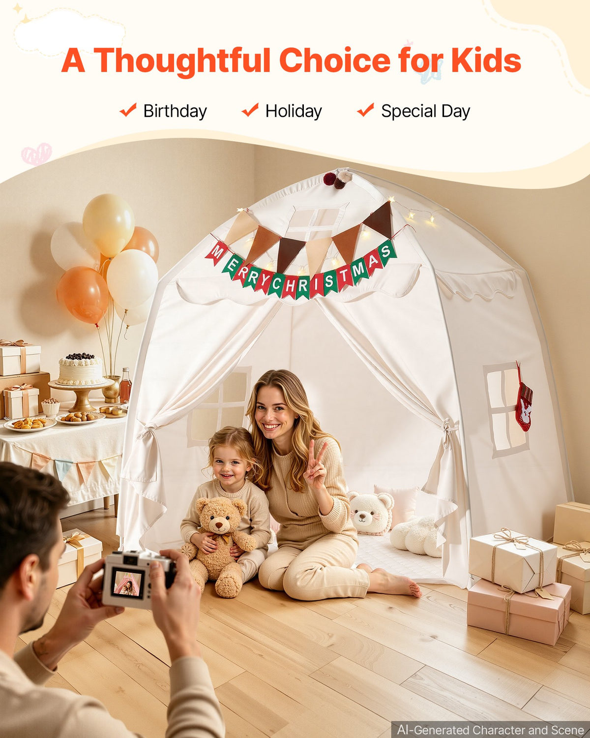 Kids Play Tent Fiberglass Frame Playhouse for Kids Padded Mat Beige, for Toddlers Girls Boys, Indoor & Outdoor, Reading Nook Nap Bed Tent, with Stars Lights, Carry Bag, Flag, Breathable Window