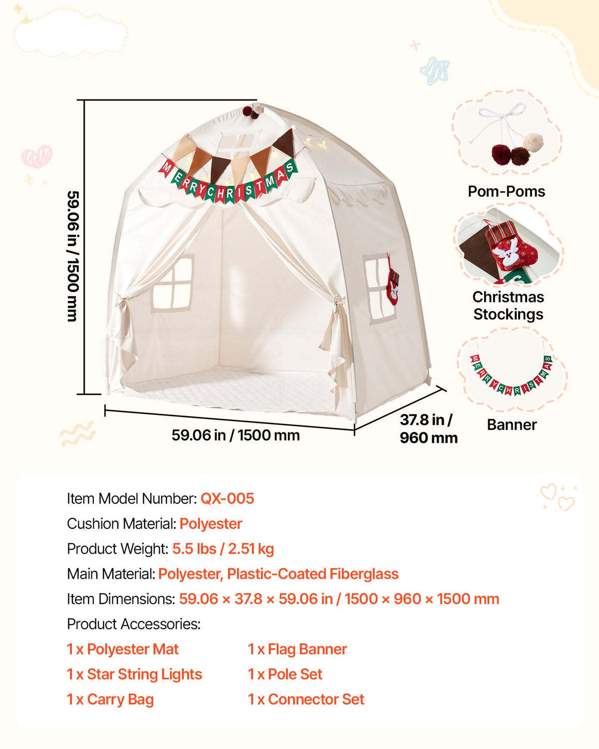 Kids Play Tent Fiberglass Frame Playhouse for Kids Padded Mat Beige, for Toddlers Girls Boys, Indoor & Outdoor, Reading Nook Nap Bed Tent, with Stars Lights, Carry Bag, Flag, Breathable Window