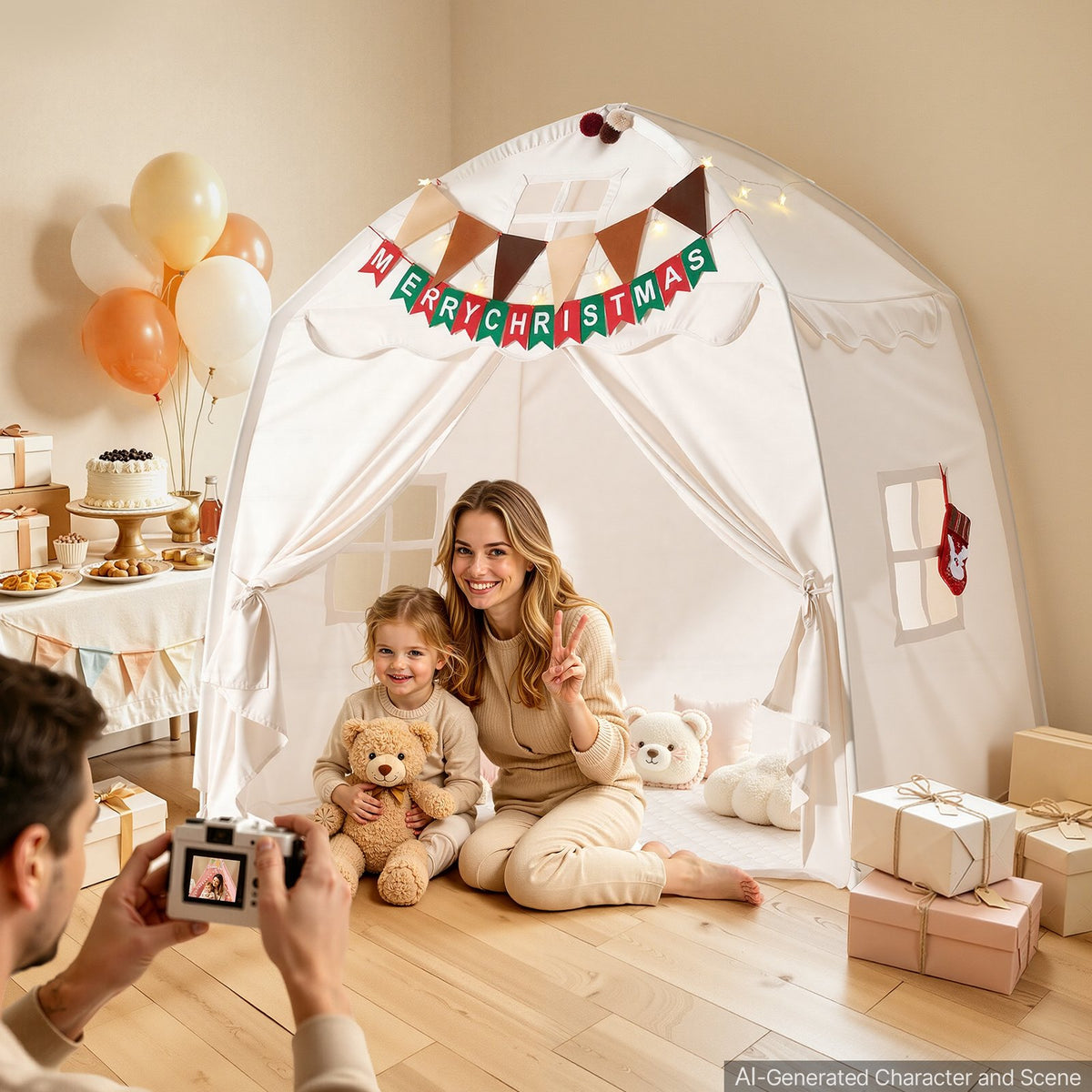 Kids Play Tent Fiberglass Frame Playhouse for Kids Padded Mat Beige, for Toddlers Girls Boys, Indoor & Outdoor, Reading Nook Nap Bed Tent, with Stars Lights, Carry Bag, Flag, Breathable Window