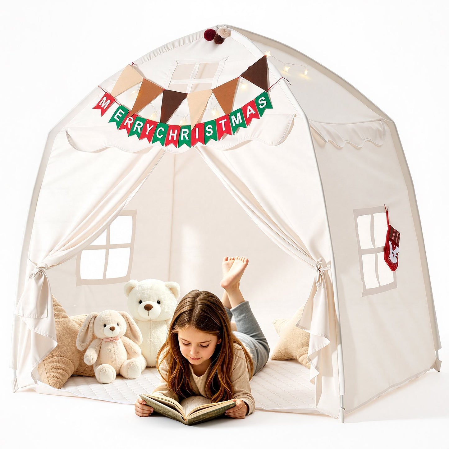 Kids Play Tent Fiberglass Frame Playhouse for Kids Padded Mat Beige, for Toddlers Girls Boys, Indoor & Outdoor, Reading Nook Nap Bed Tent, with Stars Lights, Carry Bag, Flag, Breathable Window
