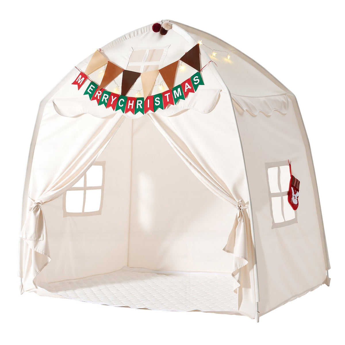 Kids Play Tent Fiberglass Frame Playhouse for Kids Padded Mat Beige, for Toddlers Girls Boys, Indoor & Outdoor, Reading Nook Nap Bed Tent, with Stars Lights, Carry Bag, Flag, Breathable Window