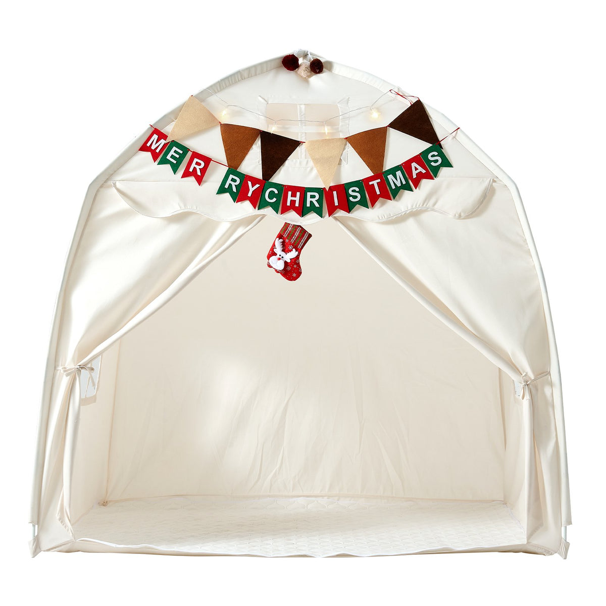 Kids Play Tent Fiberglass Frame Playhouse for Kids Padded Mat Beige, for Toddlers Girls Boys, Indoor & Outdoor, Reading Nook Nap Bed Tent, with Stars Lights, Carry Bag, Flag, Breathable Window