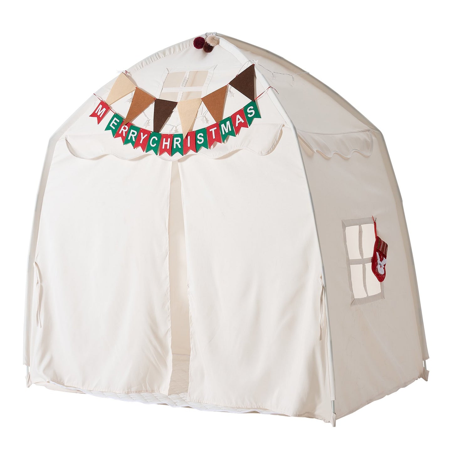 Kids Play Tent Fiberglass Frame Playhouse for Kids Padded Mat Beige, for Toddlers Girls Boys, Indoor & Outdoor, Reading Nook Nap Bed Tent, with Stars Lights, Carry Bag, Flag, Breathable Window