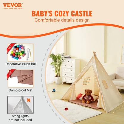 Kids Teepee Tent with Mat & Windows, Indoor/Outdoor Playhouse for Ages 1-5