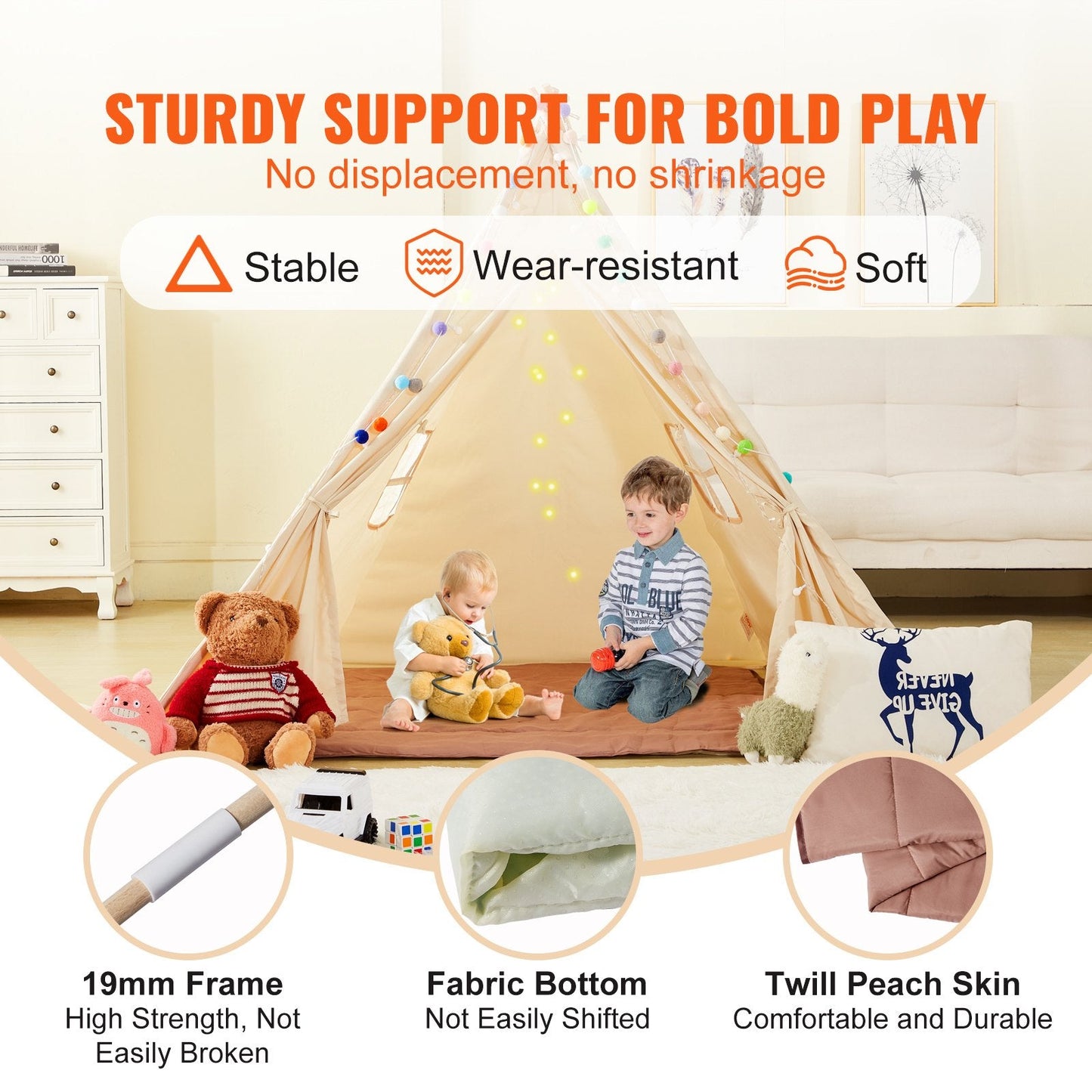Kids Teepee Tent with Mat & Windows, Indoor/Outdoor Playhouse for Ages 1-5