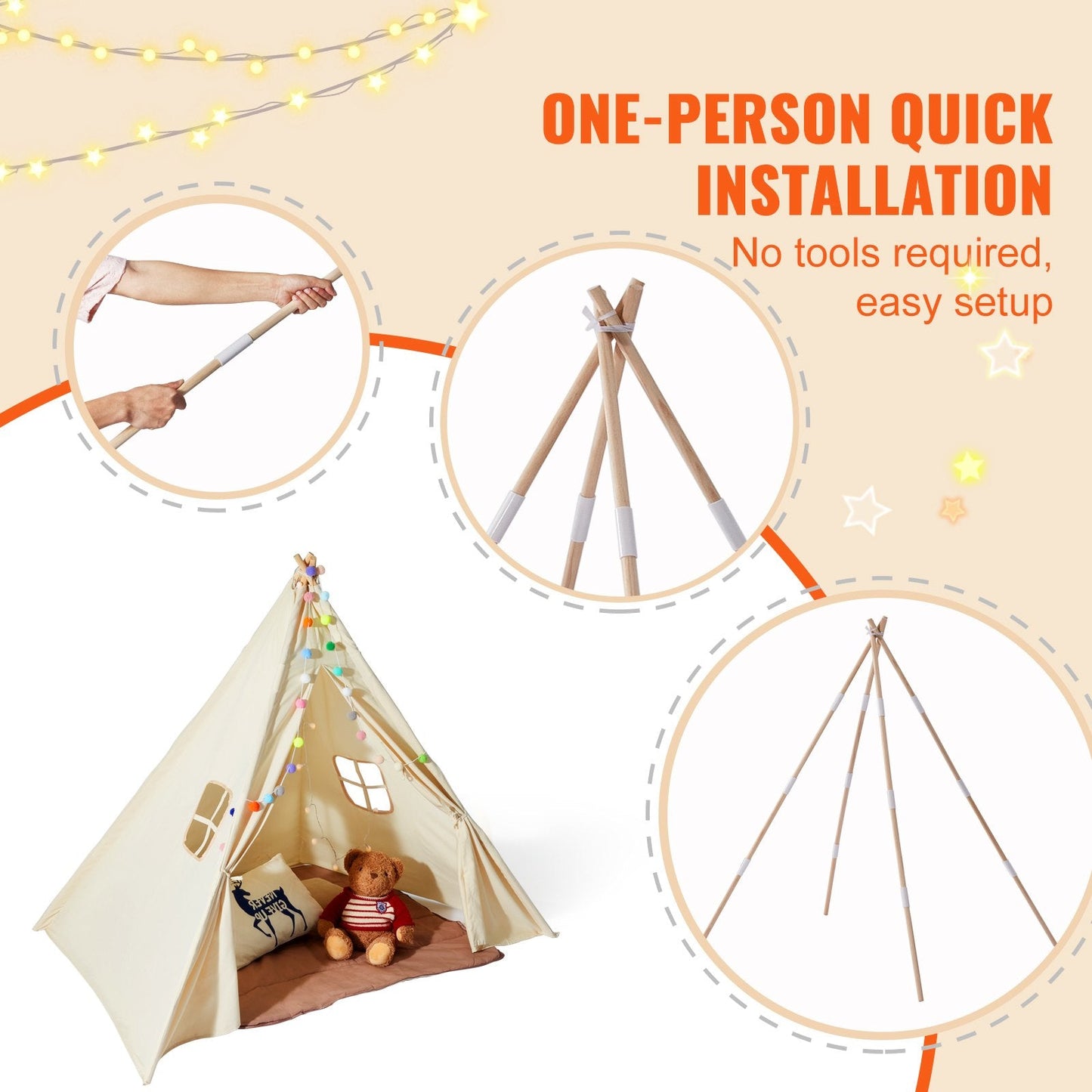 Kids Teepee Tent with Mat & Windows, Indoor/Outdoor Playhouse for Ages 1-5