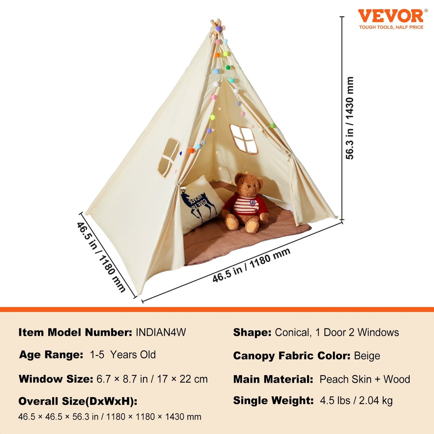 Kids Teepee Tent with Mat & Windows, Indoor/Outdoor Playhouse for Ages 1-5