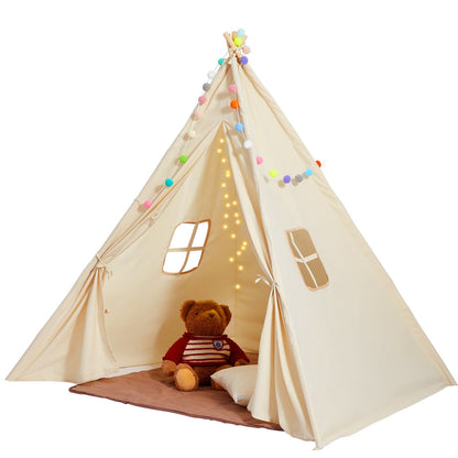 Kids Teepee Tent with Mat & Windows, Indoor/Outdoor Playhouse for Ages 1-5