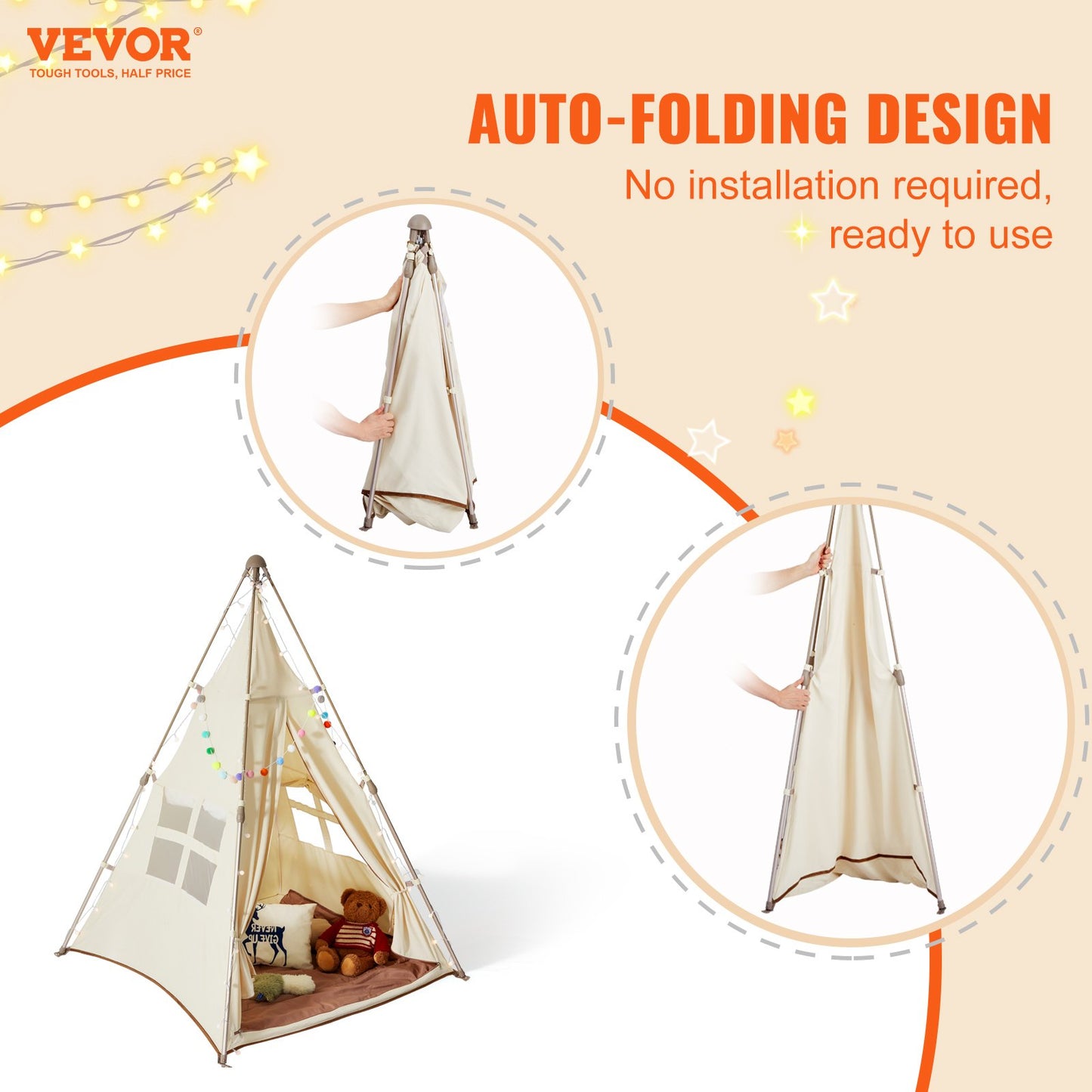 VEVOR Kids Play Tent, Teepee Tent for Kids 1-5 Years Old, Foldable Toddler Tent