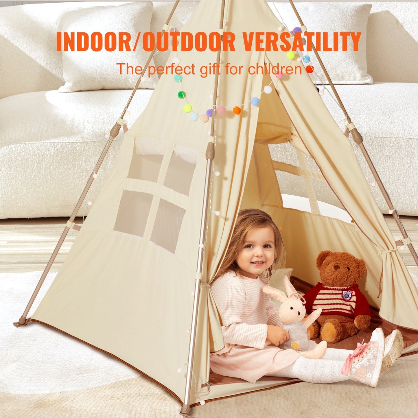 Foldable Teepee Play Tent for Toddlers, Indoor/Outdoor Use, Ages 1-5, Beige