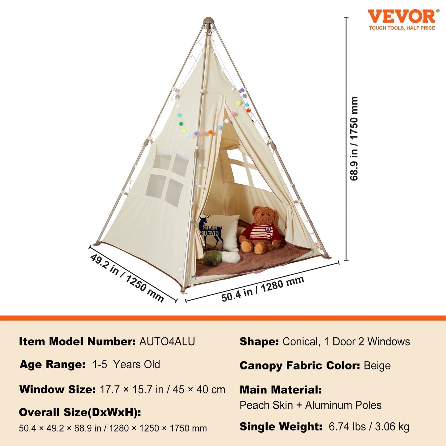 Foldable Teepee Play Tent for Toddlers, Indoor/Outdoor Use, Ages 1-5, Beige