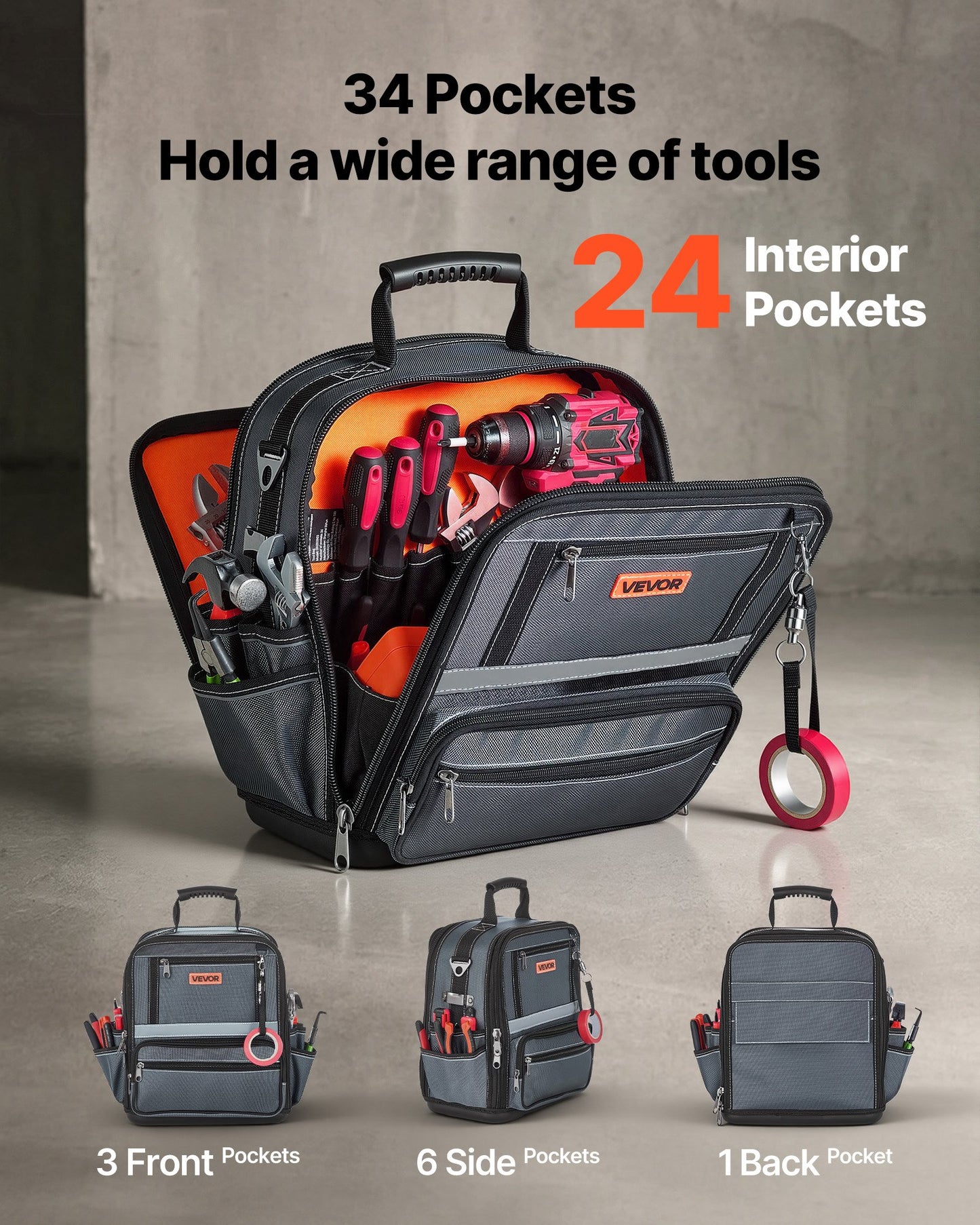 Tool Bag, 335 MM, 34-Pocket Portable Large Tool Box Organizer Storage, Carry Toolbox with Hard Plastic Base, Large Zipper, Adjustable Shoulder Strap, for Men Women Dad Husband Fathers Day