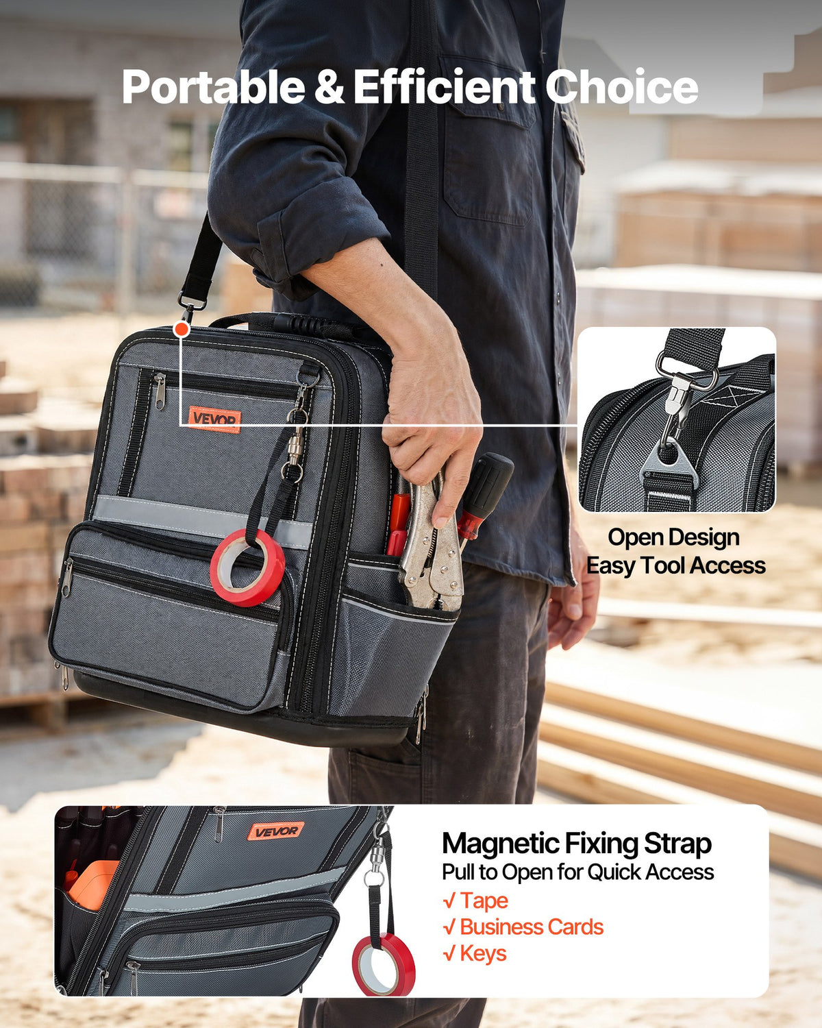 Tool Bag, 335 MM, 34-Pocket Portable Large Tool Box Organizer Storage, Carry Toolbox with Hard Plastic Base, Large Zipper, Adjustable Shoulder Strap, for Men Women Dad Husband Fathers Day