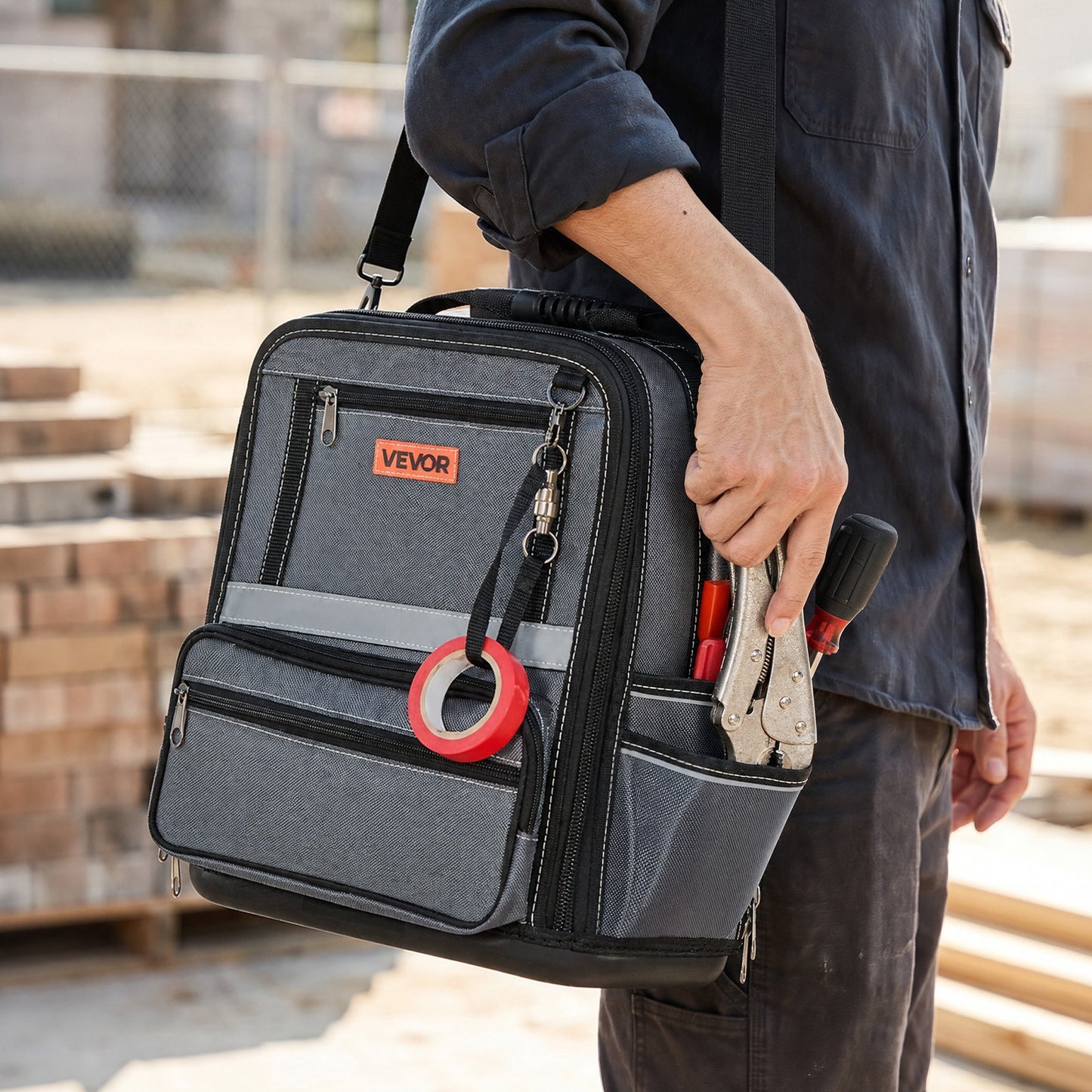 Tool Bag, 335 MM, 34-Pocket Portable Large Tool Box Organizer Storage, Carry Toolbox with Hard Plastic Base, Large Zipper, Adjustable Shoulder Strap, for Men Women Dad Husband Fathers Day