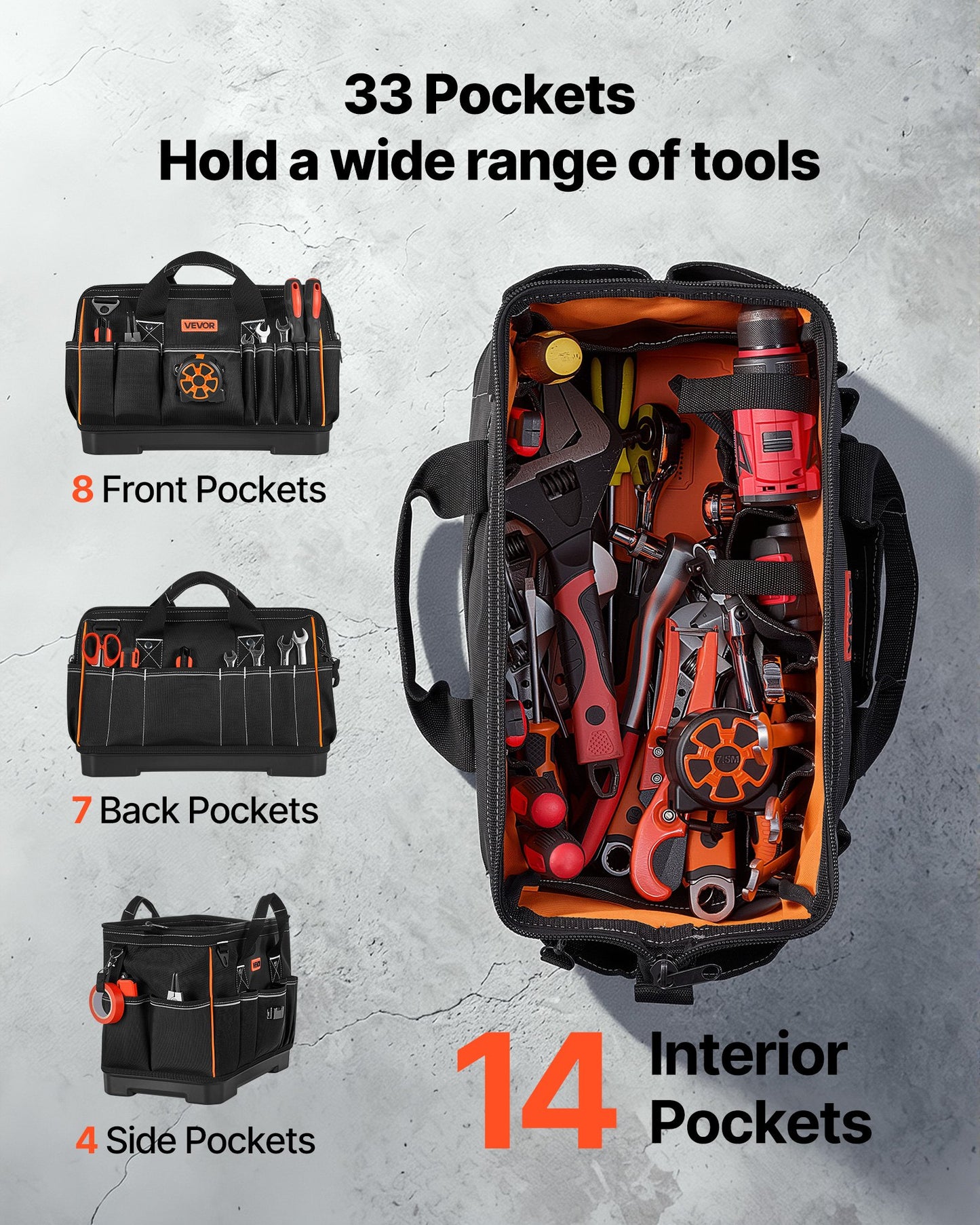 Tool Bag, 410 MM, 33-Pocket Portable Large Tool Box Organizer Storage, Toolbox with Water-Resistant Base, Large Zipper, Adjustable Shoulder Strap Toolbag, for Men Women Dad Husband Fathers Day
