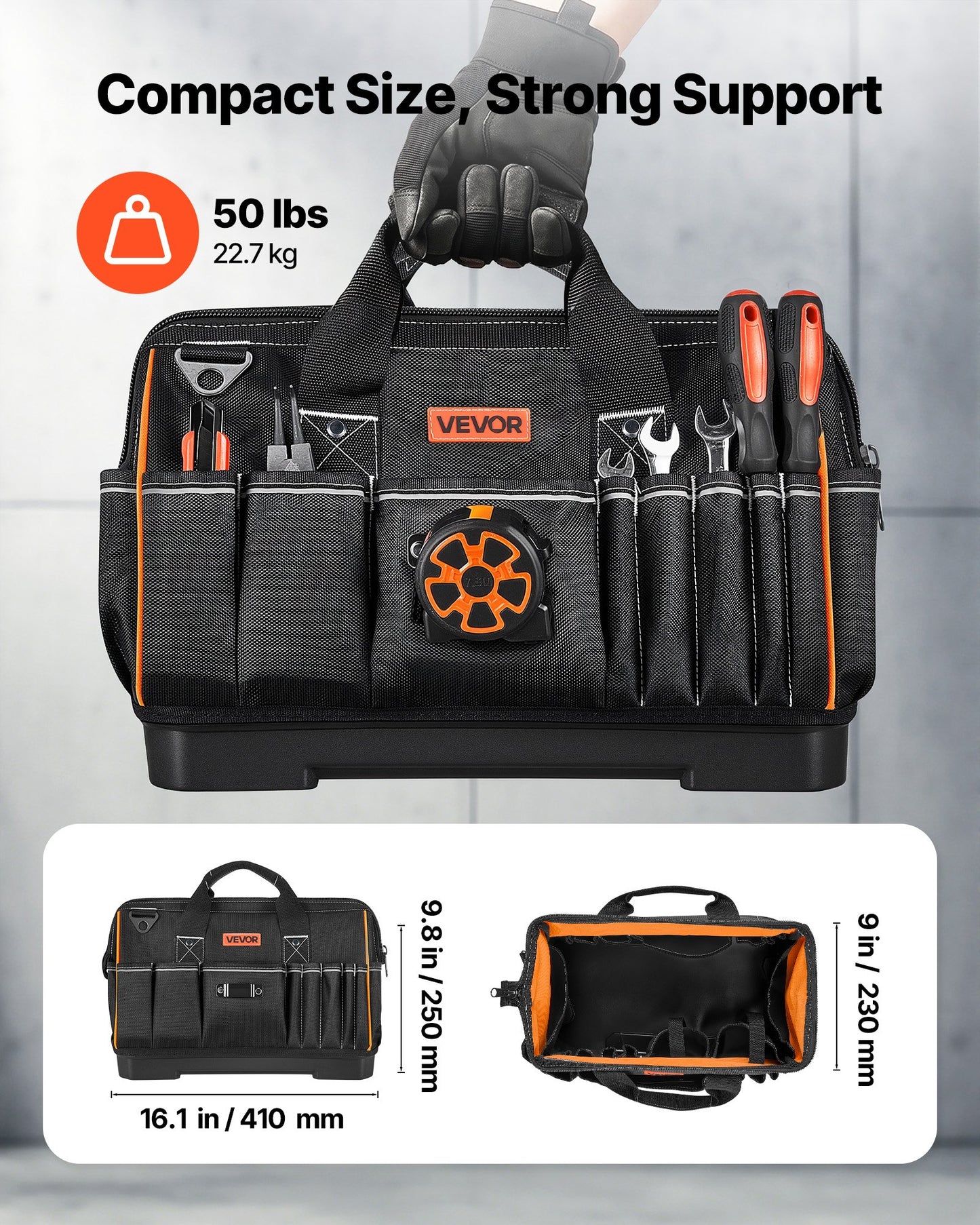 Tool Bag, 410 MM, 33-Pocket Portable Large Tool Box Organizer Storage, Toolbox with Water-Resistant Base, Large Zipper, Adjustable Shoulder Strap Toolbag, for Men Women Dad Husband Fathers Day