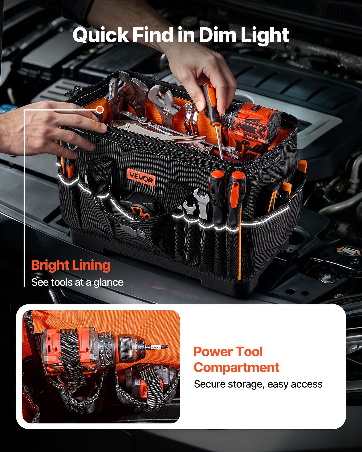 Tool Bag, 410 MM, 33-Pocket Portable Large Tool Box Organizer Storage, Toolbox with Water-Resistant Base, Large Zipper, Adjustable Shoulder Strap Toolbag, for Men Women Dad Husband Fathers Day