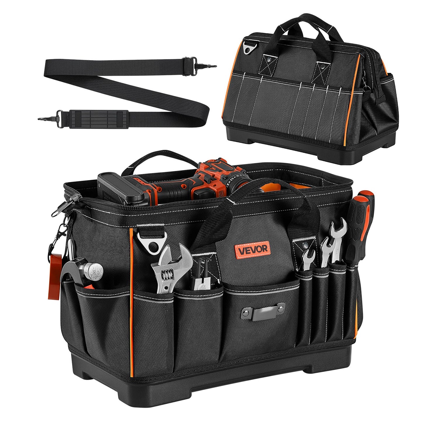 Tool Bag, 410 MM, 33-Pocket Portable Large Tool Box Organizer Storage, Toolbox with Water-Resistant Base, Large Zipper, Adjustable Shoulder Strap Toolbag, for Men Women Dad Husband Fathers Day