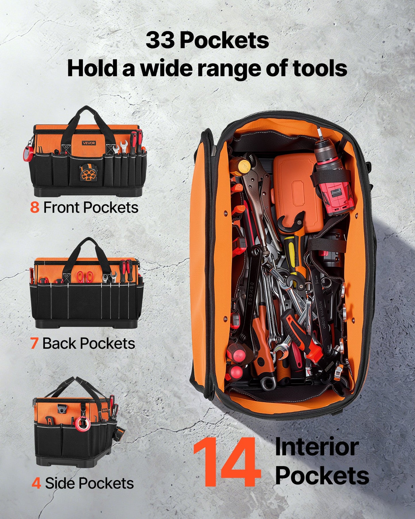 Tool Bag, 485 MM, 33-Pocket Portable Large Tool Box Organizer Storage, Toolbox with Water-Resistant Base, Large Zipper, Adjustable Shoulder Strap Toolbag, for Men Women Dad Husband Fathers Day
