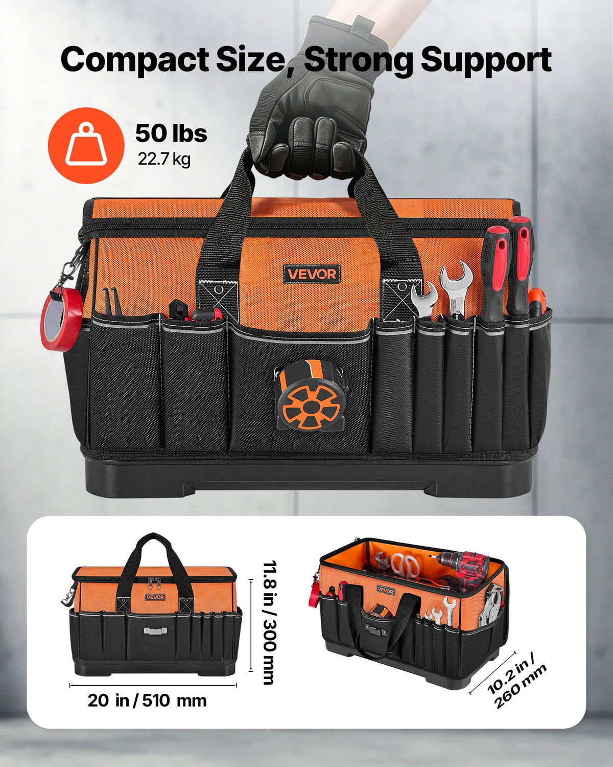 Tool Bag, 485 MM, 33-Pocket Portable Large Tool Box Organizer Storage, Toolbox with Water-Resistant Base, Large Zipper, Adjustable Shoulder Strap Toolbag, for Men Women Dad Husband Fathers Day
