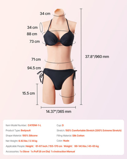 Silicone Bodysuit, D-Cup Silicone Breastplate for Crossdressers, Realistic Silk Cotton-Filled Fake Boobs Breast Forms for Transgender Cosplay Drag Queen, Nude