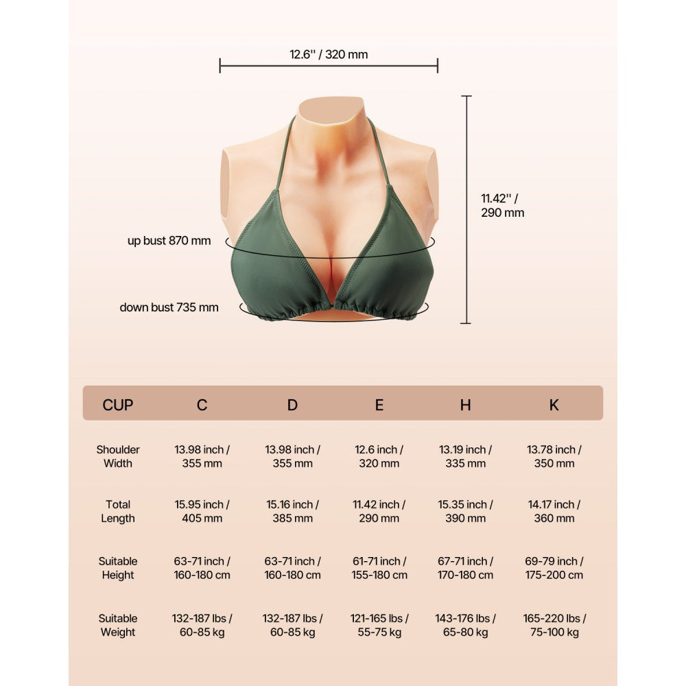 VEVOR Silicone Breastplate E-Cup High Neck Fake Breasts for Cosplay Drag Queen