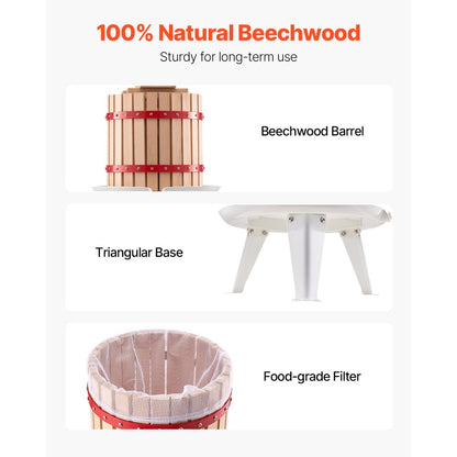 VEVOR Fruit Wine Press Manual Press for Wine Making 3.2 Gal/12L Wood Basket